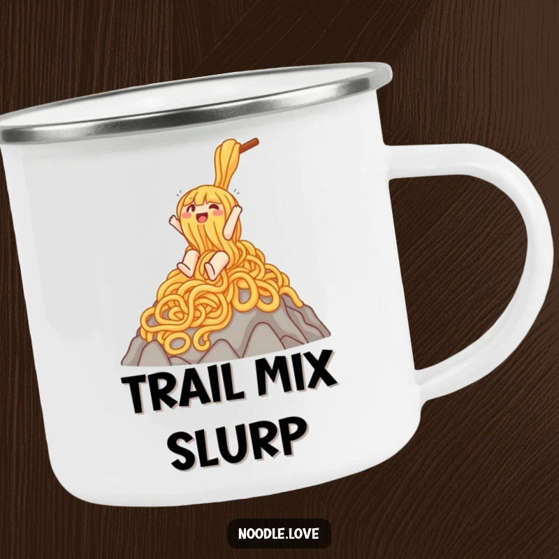 Funny camping mug featuring a gleeful noodle character sliding down a noodle mountain, perfect for outdoor lovers with a sense of humor.