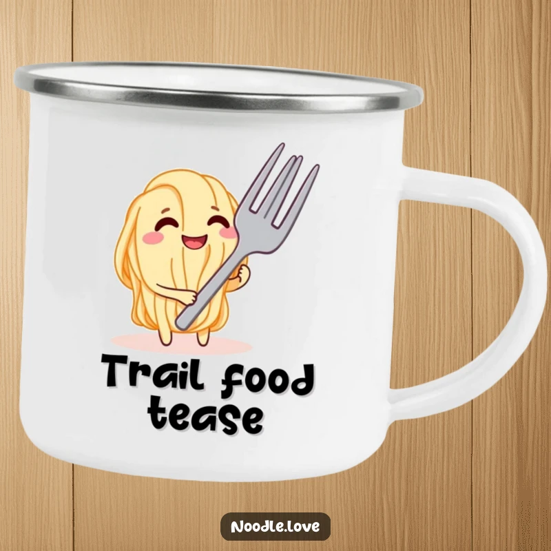 Funny Noodle Tease Camping Mug, showing a grinning noodle character playfully teasing a giant fork, perfect for outdoor foodie fun.