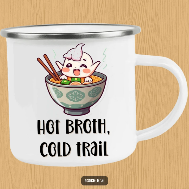 Funny ramen camping mug with a giggling character jumping from steaming broth, perfect for enjoying hot beverages outdoors with a humorous twist.