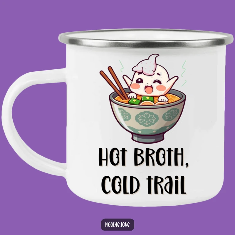 Funny Ramen Camping Mug: Giggling Noodle Character Jumps from Steaming Broth, Adventure Fuel!