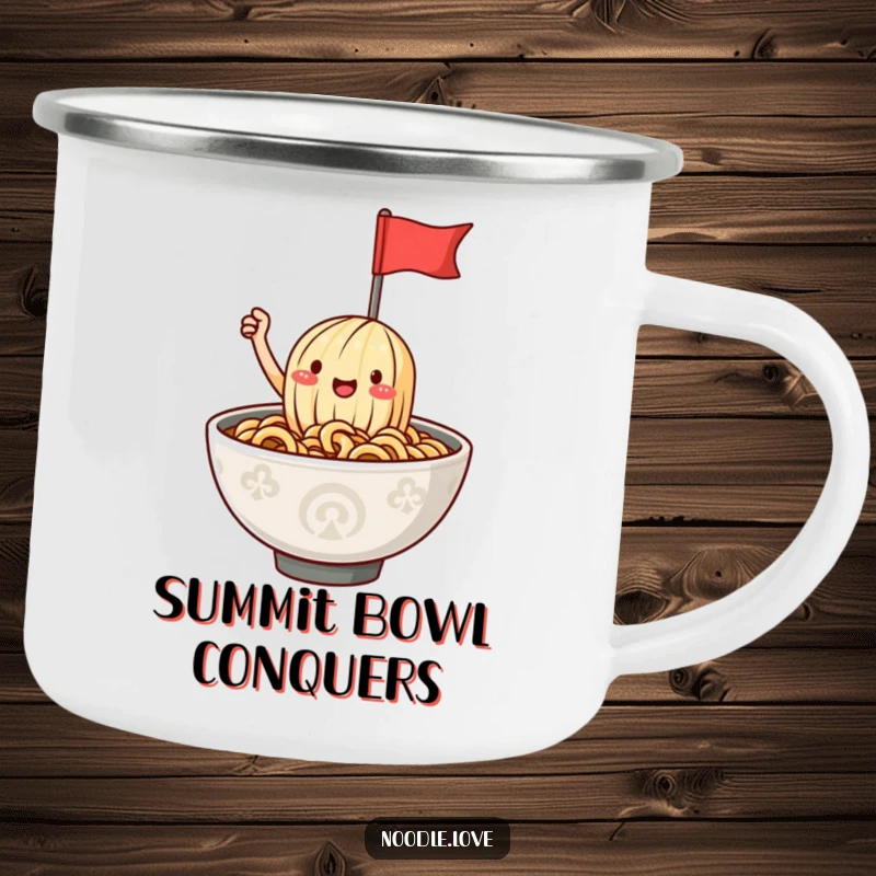 Funny ramen noodle camping mug with a happy character waving a flag from a steaming bowl, ideal for enjoying beverages during outdoor adventures.