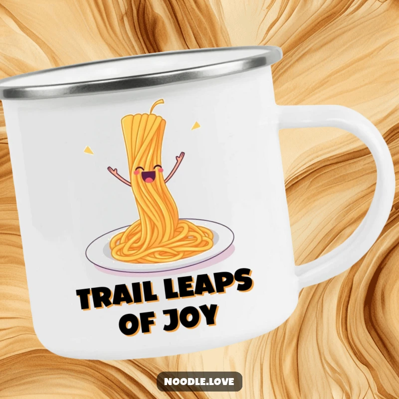 Funny Spaghetti Camping Mug: A joyful strand of spaghetti leaping off its plate, ready for outdoor feasts.
