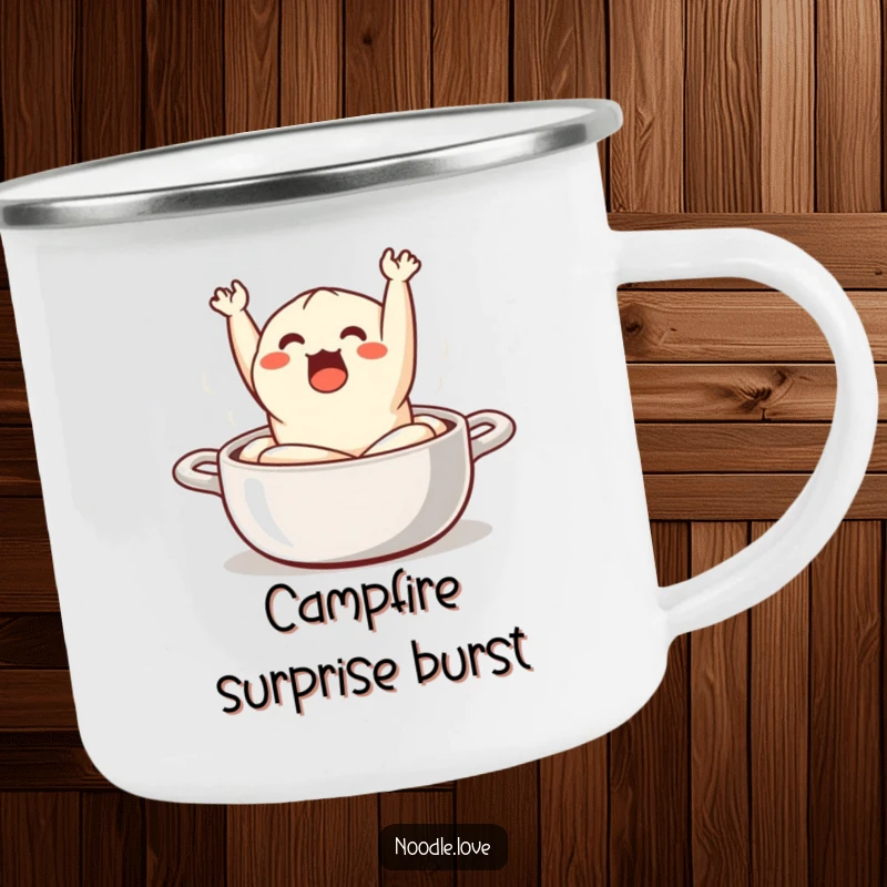 Funny Camping Mug: a surprised dumpling comically jumping out of a steaming pot, perfect for outdoor dining and humor.