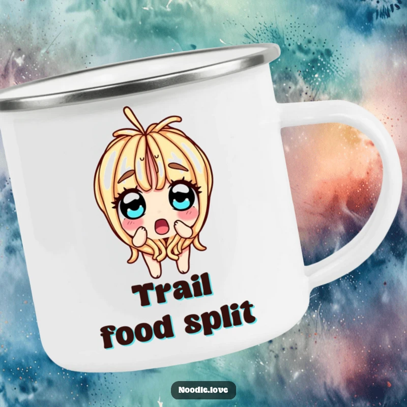 Funny camping mug showing a surprised noodle character splitting in half, with wide, shocked eyes, ready for outdoor fun.