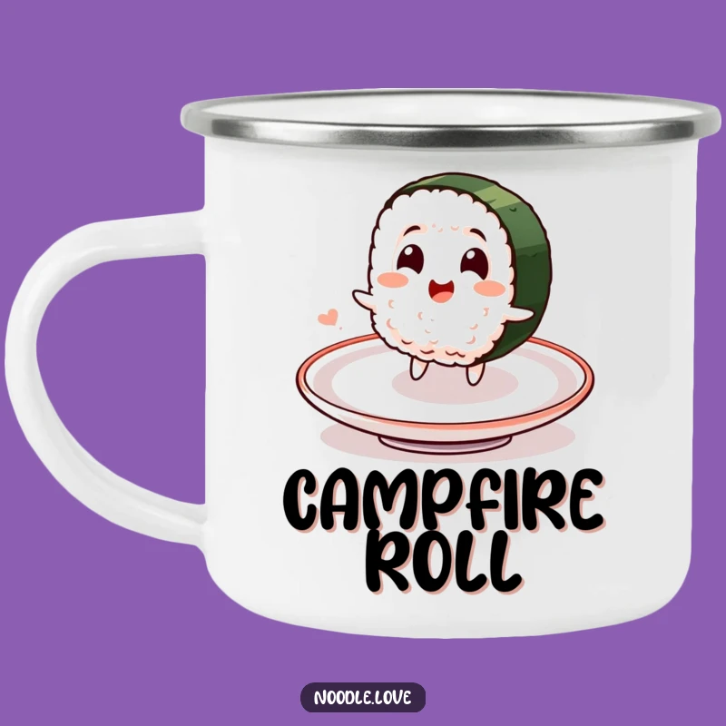 Funny Sushi Camp Mug: Delighted Character's Spin - Outdoor Funny Gift