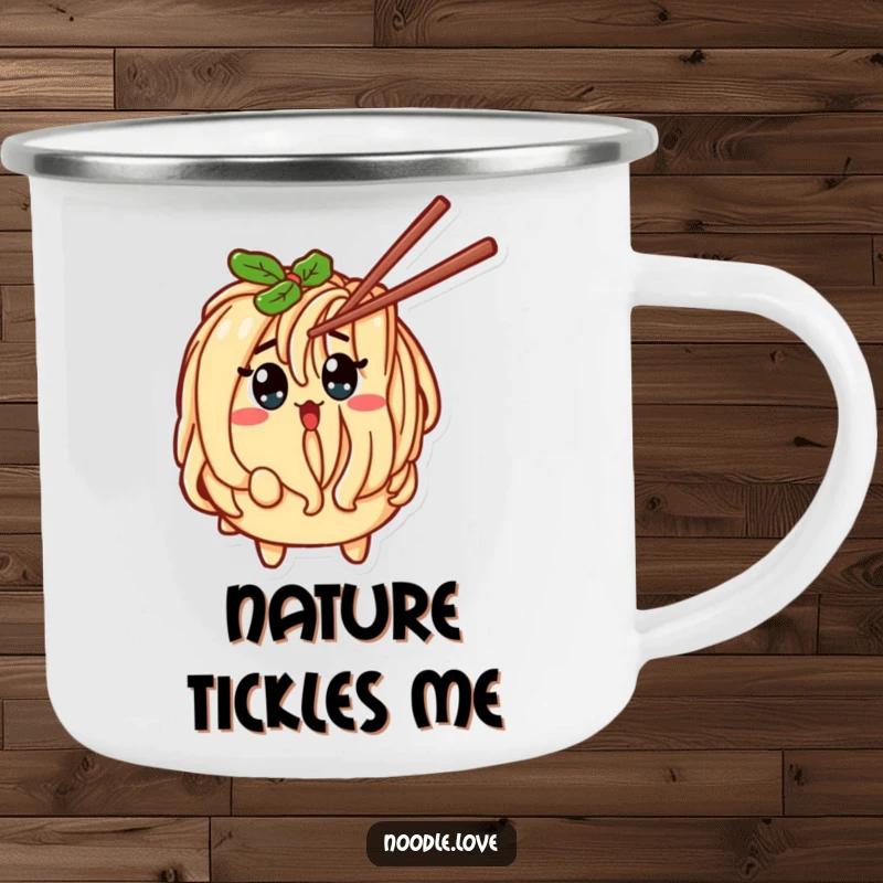 Funny Noodle Character Surprised by Tickling Chopstick Camping Mug - Sturdy mug with a comical pasta design, ideal for outdoors, funny gift.