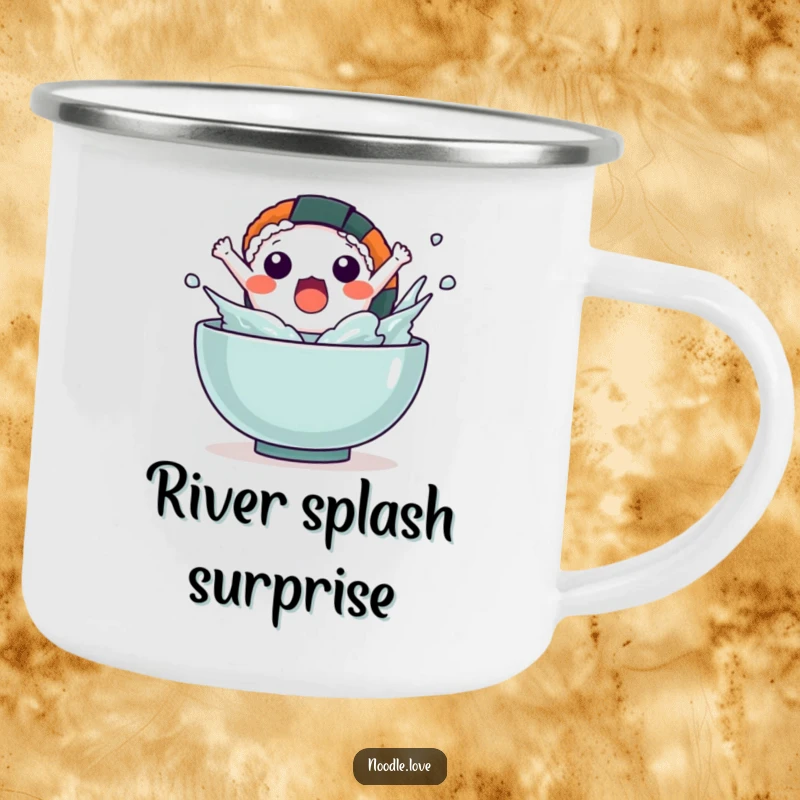 Funny Kawaii sushi character leaping out of a bowl with a splash, printed on a sturdy camping mug.