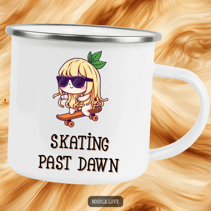 Funny camping mug featuring a cool noodle character in sunglasses riding a tiny skateboard, perfect for outdoor adventures and humorous moments.
