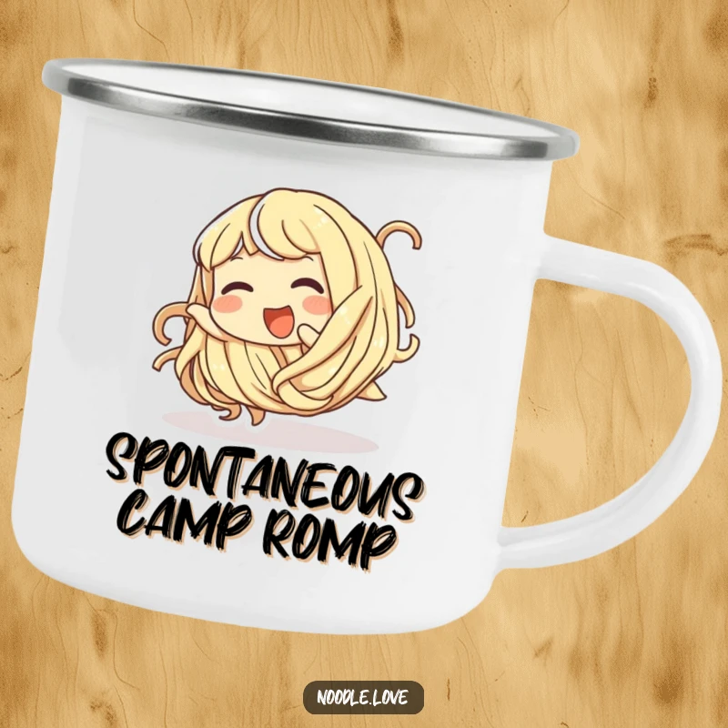 Funny camping mug with a giggling noodle character playfully tumbling, perfect for outdoor use.