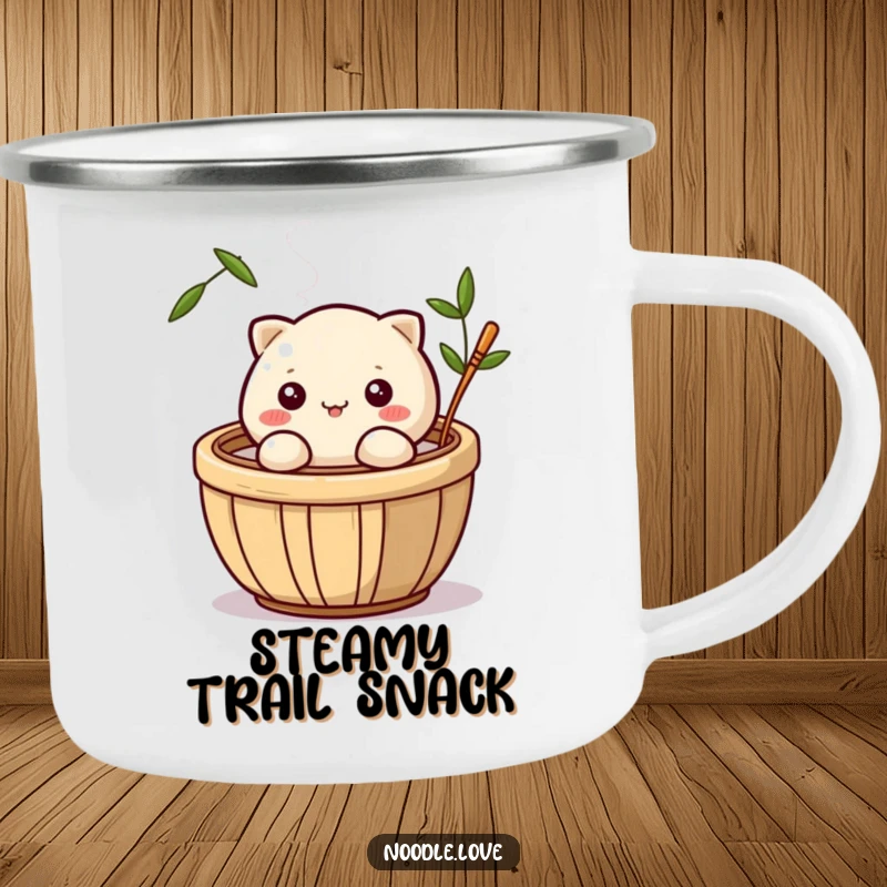 Funny camping mug featuring a cute dumpling character winking from a steaming bamboo basket, perfect for outdoor enthusiasts who appreciate humor.