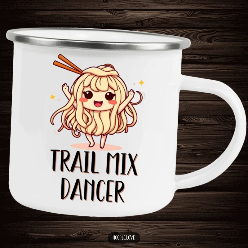 Funny Camping Mug: a smiling noodle character with eyes dancing with chopsticks, perfect for outdoor dining and humor.