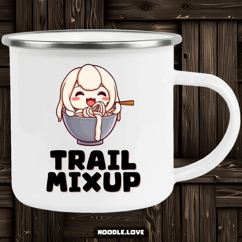 Funny camping mug with a happy anthropomorphic udon noodle character joyfully slurping itself, designed for outdoor fun.