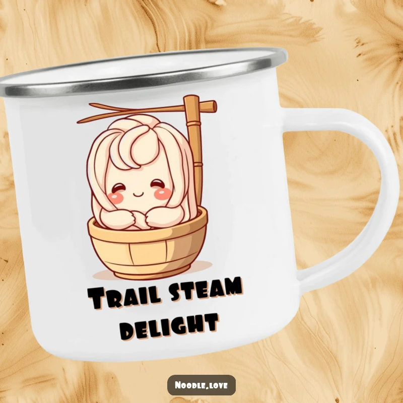 Funny udon noodle character smiling and hugging a bamboo steamer, a rugged and humorous enamel mug for camping trips.