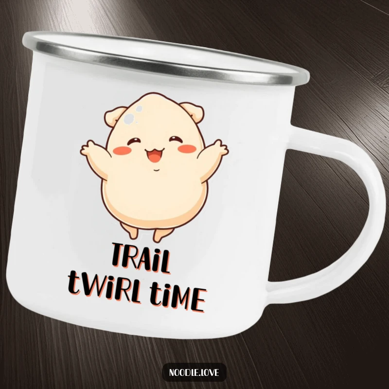 Funny dumpling dancer camping mug showing a happy dumpling with short legs spinning joyfully around a campfire.