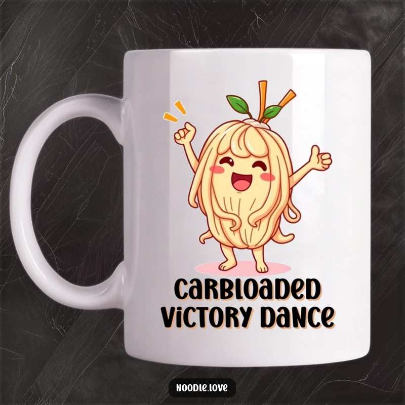 Funny Kawaii noodle character smiling and doing a lively victory dance, full of energy and happiness, on a ceramic mug.