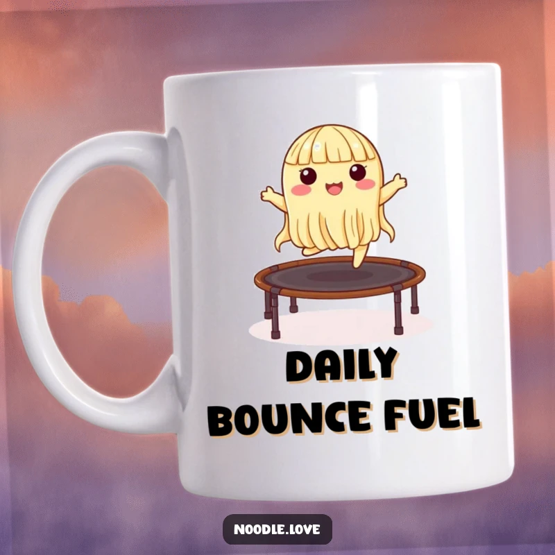 Funny mug with a lively noodle character energetically bouncing on a trampoline made of nori seaweed, embodying pure fun.