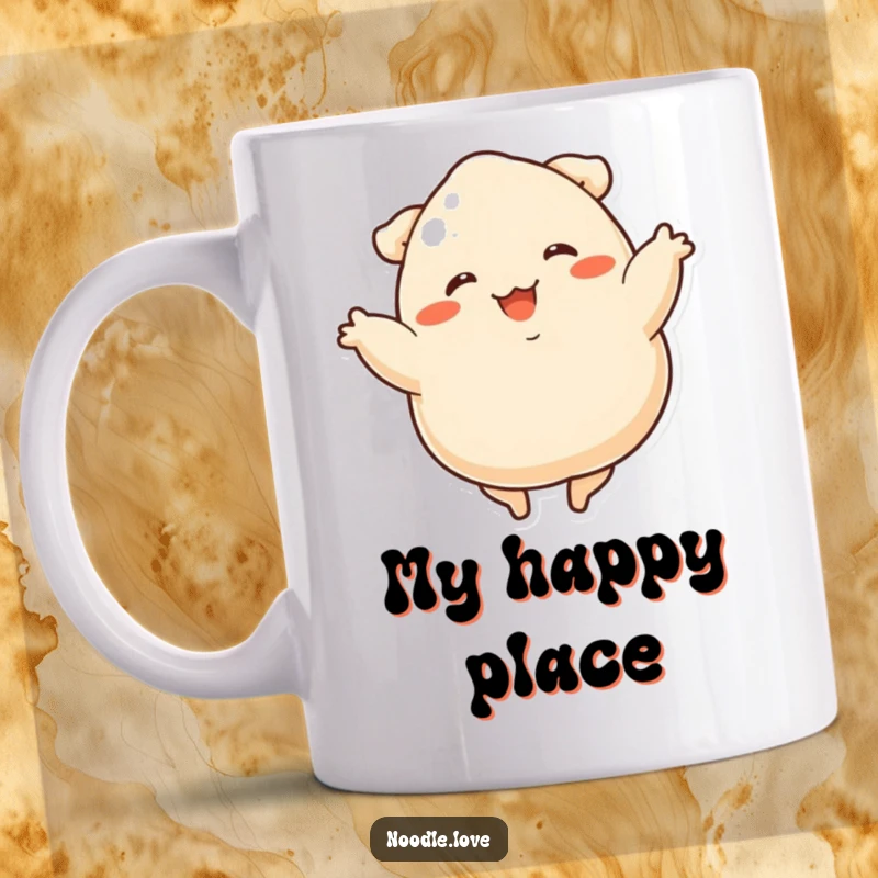 Funny dumpling mug featuring a happy dumpling with stubby legs enthusiastically spinning like a dancer, full of joy.