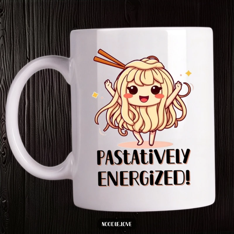 Funny Mug: a happy, smiling noodle character with googly eyes, joyfully dancing with chopsticks, a foodie delight.