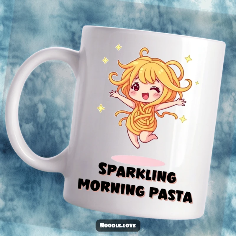 Funny mug showing a happy noodle character twirling joyfully and emitting sparkles. A fun and whimsical gift.