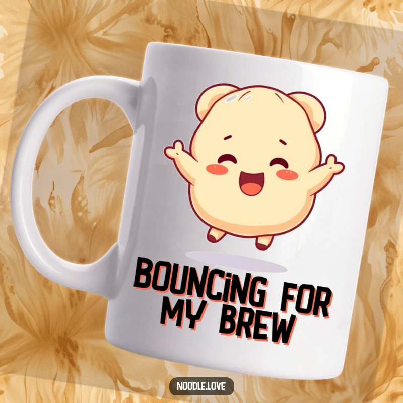 Funny Dumpling Mug: An anthropomorphic dumpling bouncing with excitement, symbolizing pure joy and food happiness, perfect for funny gifts.
