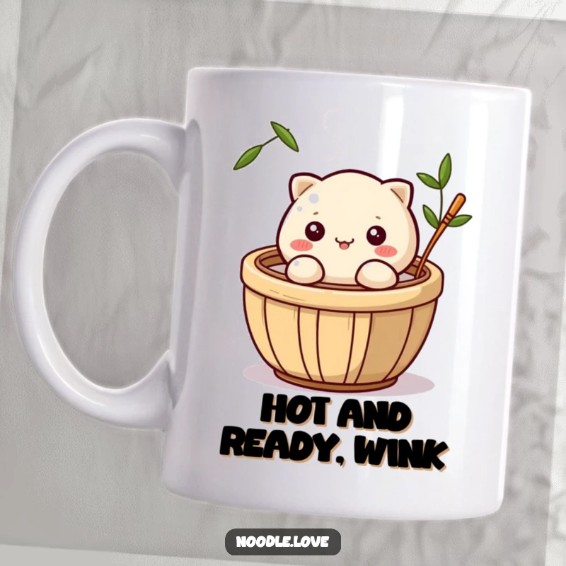 Funny mug with a cute dumpling character winking playfully from inside a steaming bamboo steamer basket, perfect for food lovers.