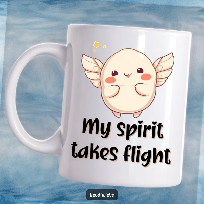 Funny flying dumpling mug with a whimsical character sprouting wings and attempting to take flight, symbolizing dreams and deliciousness.