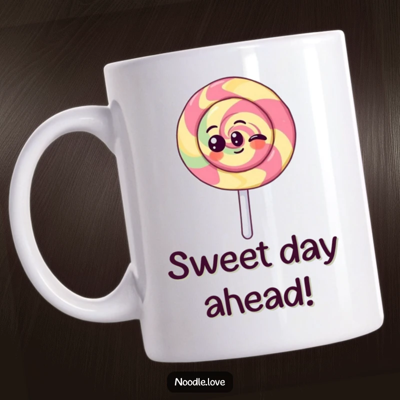 Funny Kawaii lollipop character spinning with pure joy, depicted on a mug, radiating happiness and sugary fun.