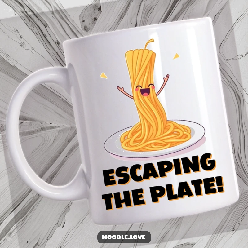 Funny Spaghetti Mug: A joyful strand of spaghetti playfully leaping off its plate, full of energy and excitement.
