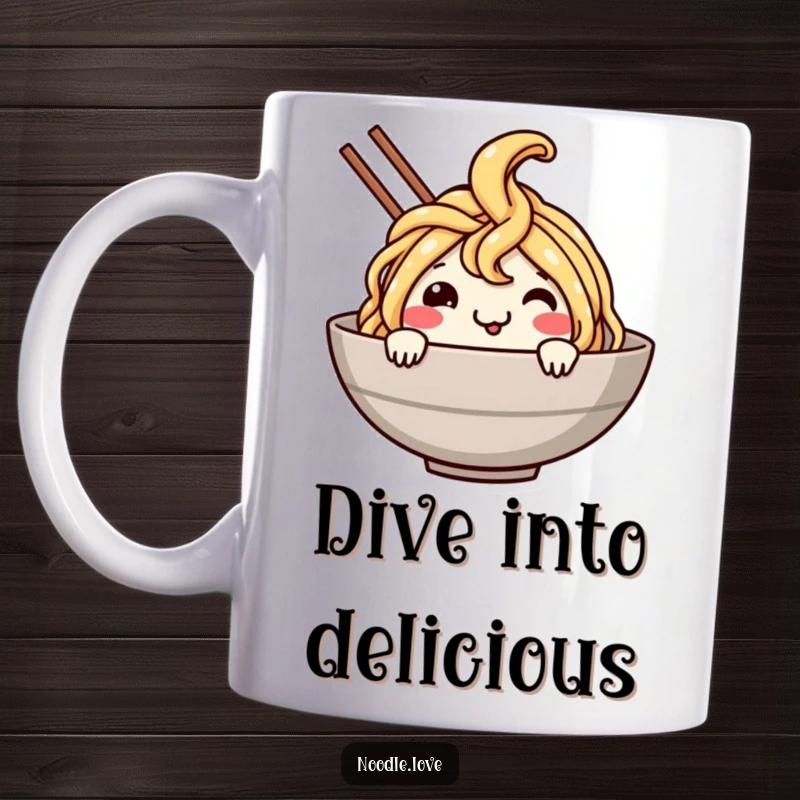 Funny Noodle Dive Mug: Smiling noodle character with a happy face cheerfully dives into a bowl, a humorous and appetizing design.