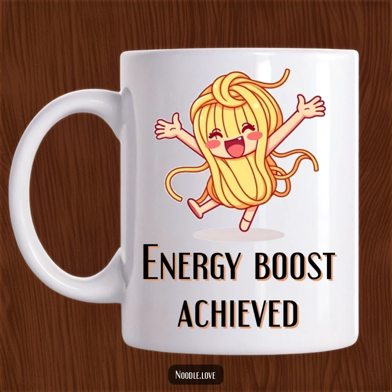 Funny Noodle Character Doing a Loop-de-Loop Mug - Playful pasta character in motion, captures sheer happiness, funny gift.