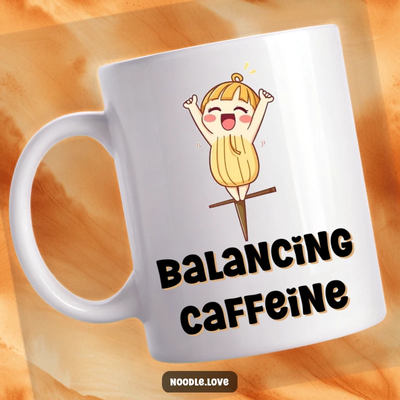 Funny mug featuring a noodle character excitedly doing a headstand on a chopstick with great concentration.