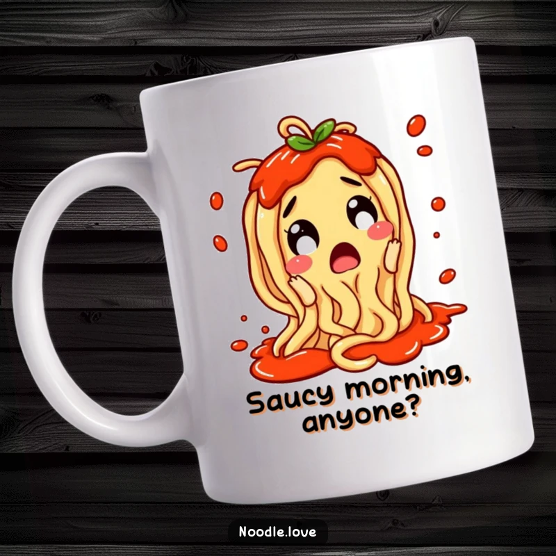 Funny Noodle Mug: A surprised noodle character wiggling with excitement as sauce splatters, pure culinary joy.