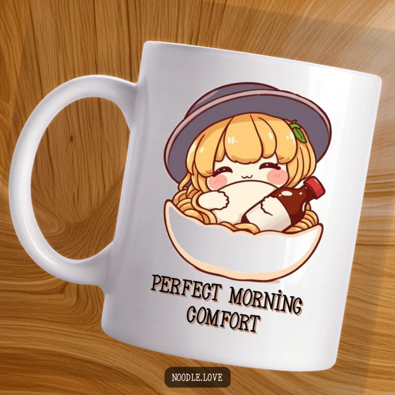 Funny noodle mug showing a content character snuggling a tiny soy sauce bottle like a comforting pillow, emphasizing relaxation and food love.