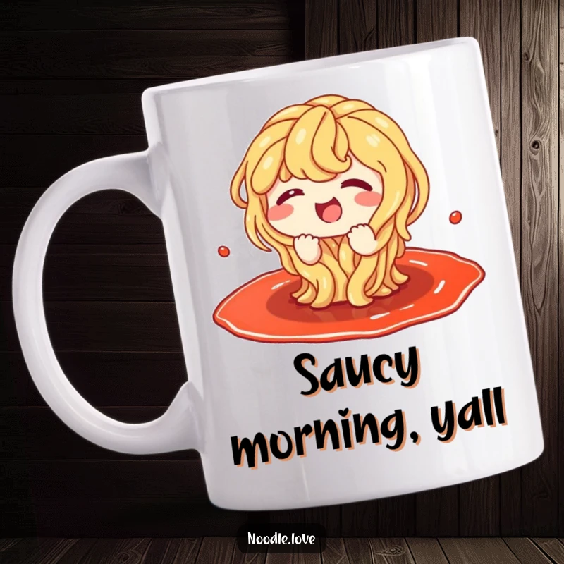 Funny mug of a cartoon noodle character giggling uncontrollably while splashing around in a big puddle of delicious sauce.