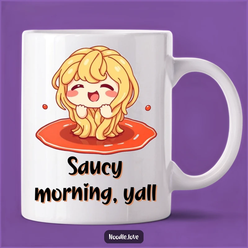 Funny Noodles Character Mug: Giggling in Sauce Puddle, Perfect Hilarious Gift for Foodies