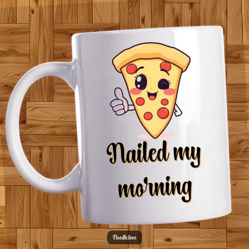 Funny pizza slice character mug giving a thumbs up, radiating pure joy and cheesy goodness, ideal for a cheerful morning.