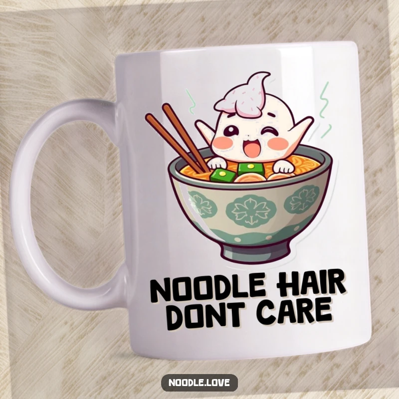 Funny ramen bowl mug with a giggling character jumping enthusiastically out of steaming, delicious broth, bringing pure noodle-fueled delight.
