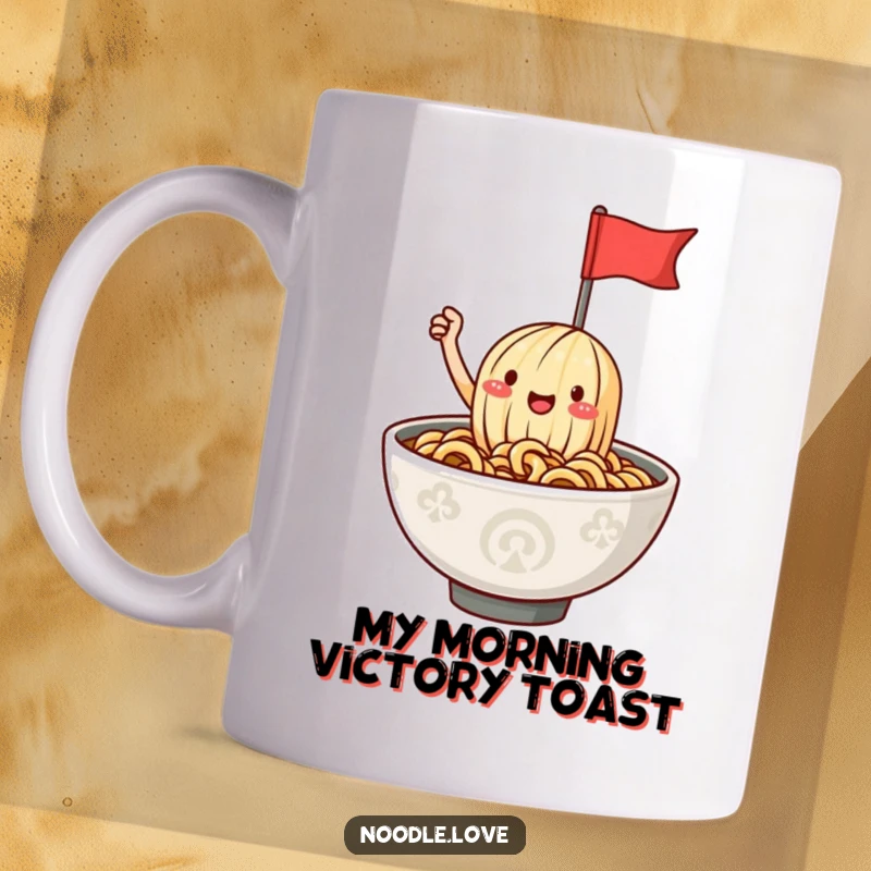 Funny ramen noodle mug featuring a joyful character waving a tiny flag from a steaming bowl, embodying happiness and a love for noodles.