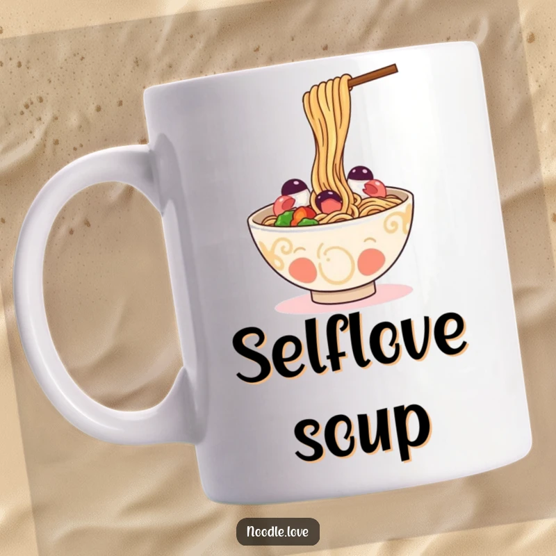 Funny Mug: a happy ramen bowl comically slurping its own noodles, a delightful depiction of self-sufficiency.