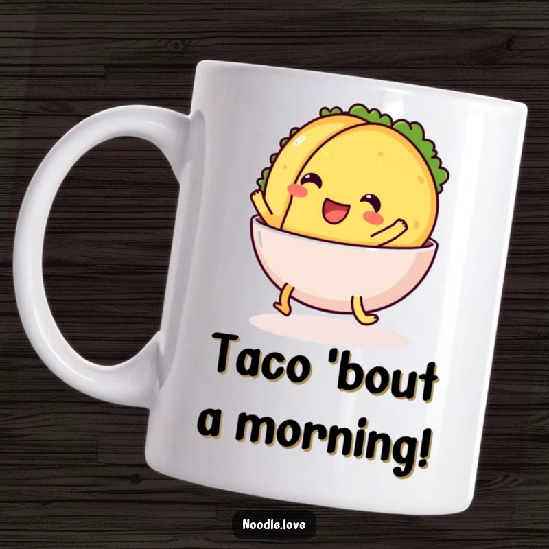 Funny Mug: a cheerful taco with legs comically sliding into a bowl, celebrating taco Tuesday with humor.