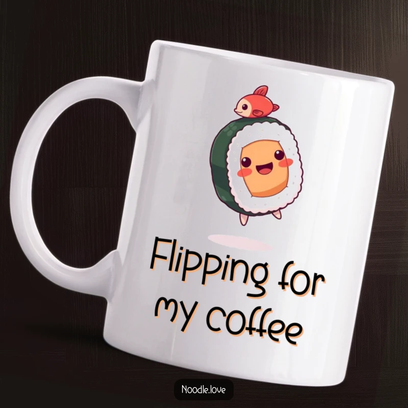 Funny Sushi Mug: A happy sushi roll character doing a backflip with a tiny fish balanced on top, full of energy.