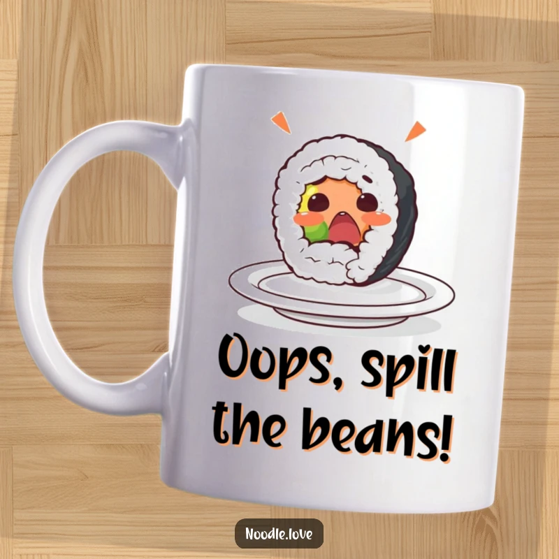 Funny sushi roll mug featuring a surprised character yelping as it rolls off a plate, capturing a moment of hilarious food mishap.