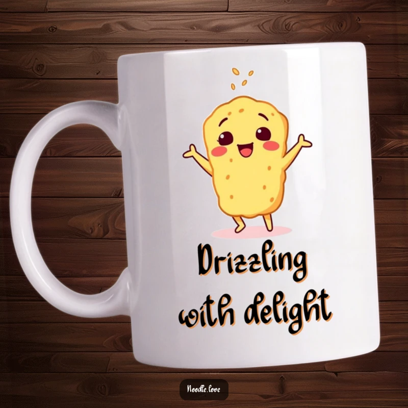 Funny mug with a cheerful tempura character joyfully doing a happy dance, seasoned with a sprinkle of sesame seeds.