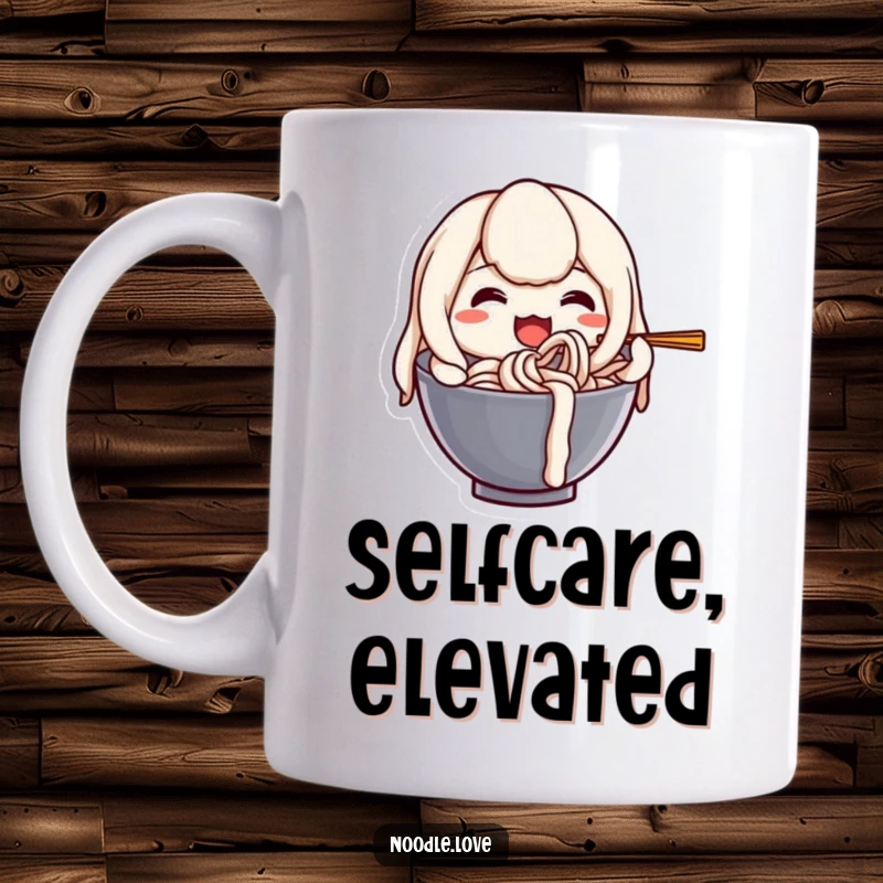 Funny mug of a happy anthropomorphic udon noodle character joyfully slurping itself, embracing deliciousness.
