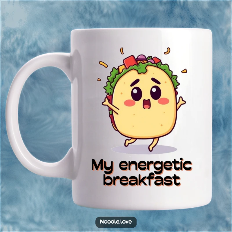 Funny Surprised Taco Mug: A surprised taco with toppings flying dances energetically, symbolizing fiesta fun and deliciousness, a funny food gift.