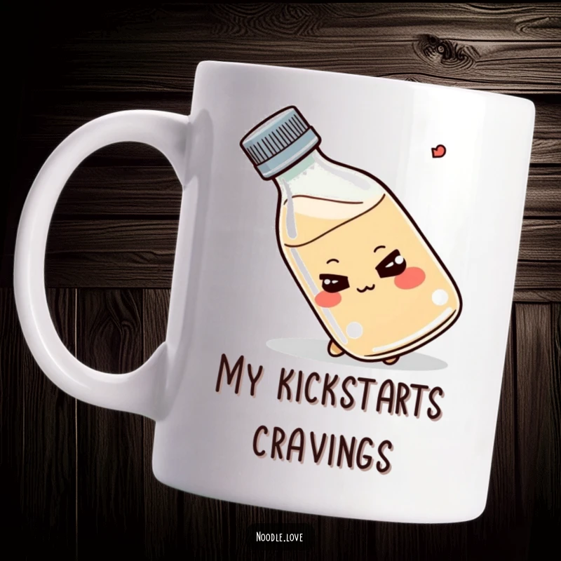 Funny Shoyu bottle mug, smirking, tipping slightly, playful glint, kawaii condiment, perfect funny gift.