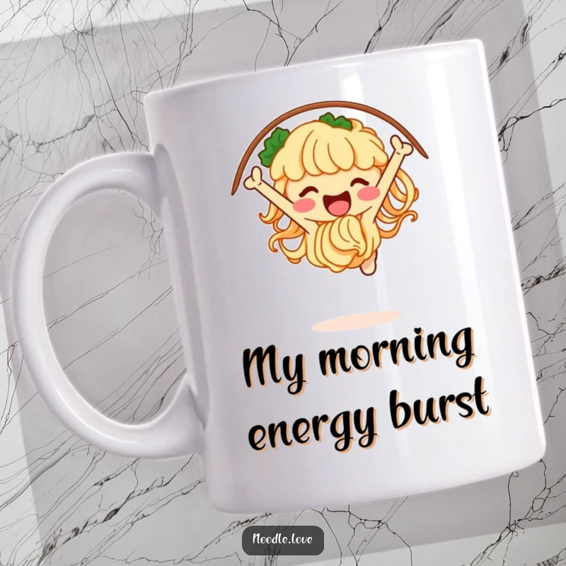 Funny noodle mug showing a jubilant character performing an impressive jump through a hoop made of chopsticks, celebrating food-themed acrobatics.