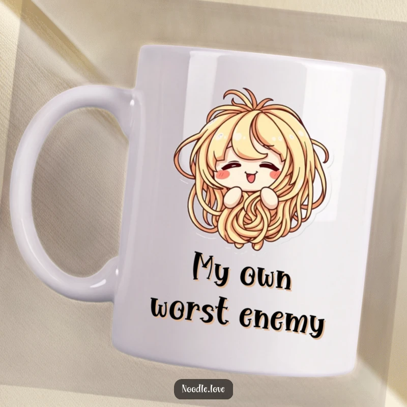 Funny mug of a cartoon noodle character playfully and amusingly tangled in its own spaghetti strands.