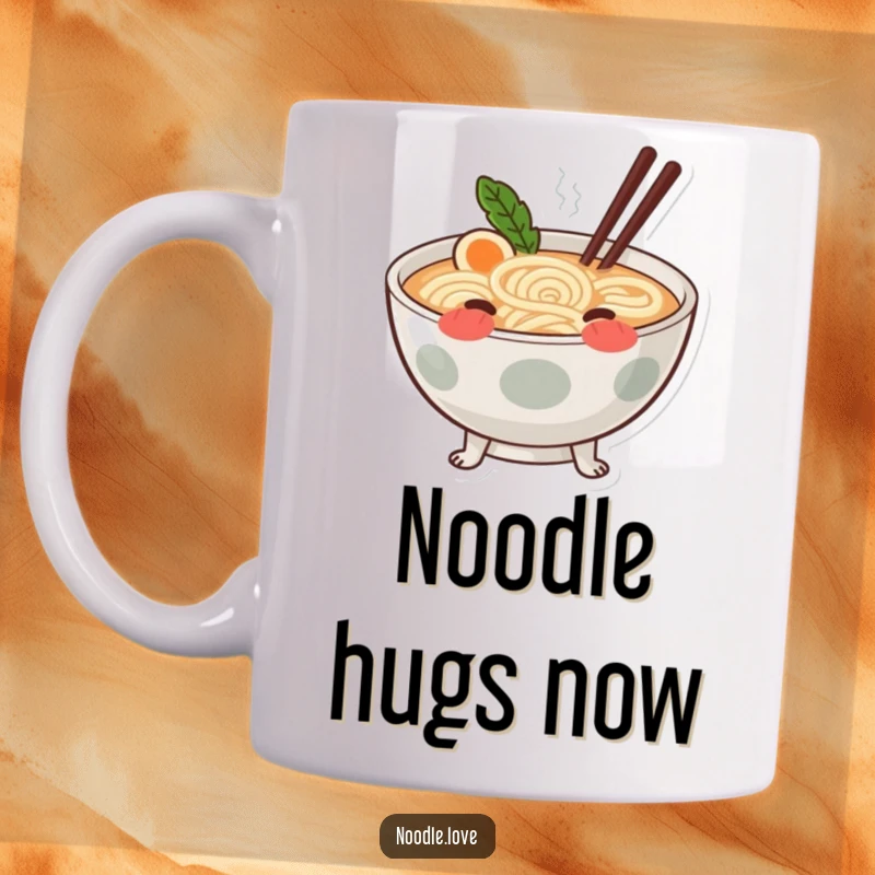Funny blushing ramen mug featuring a cute ramen bowl with tiny noodle legs, blushing shyly.