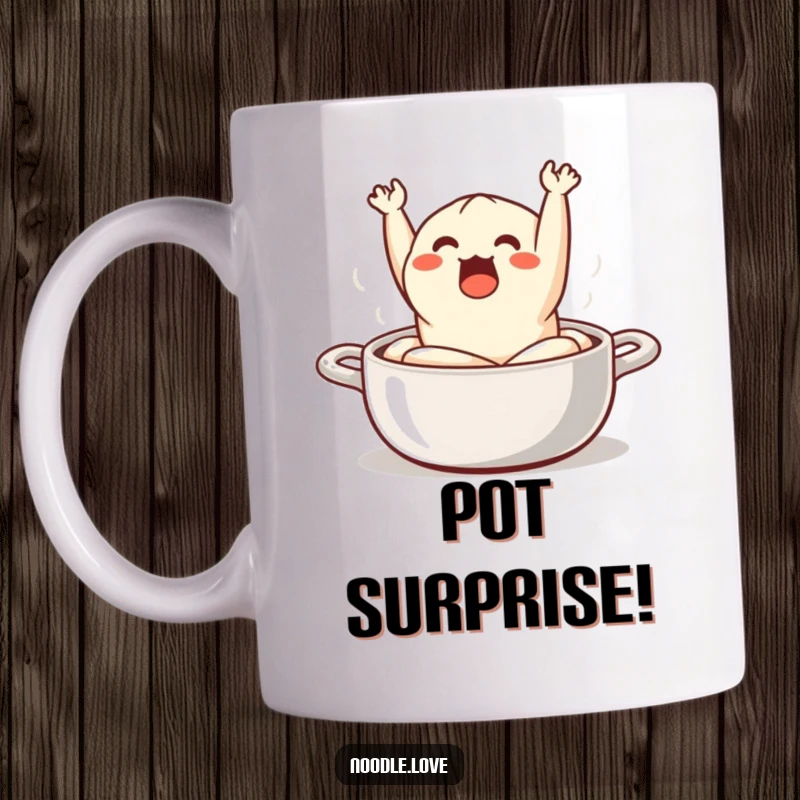 Funny Mug: a surprised dumpling comically jumping out of a steaming pot, capturing a moment of pure shock.